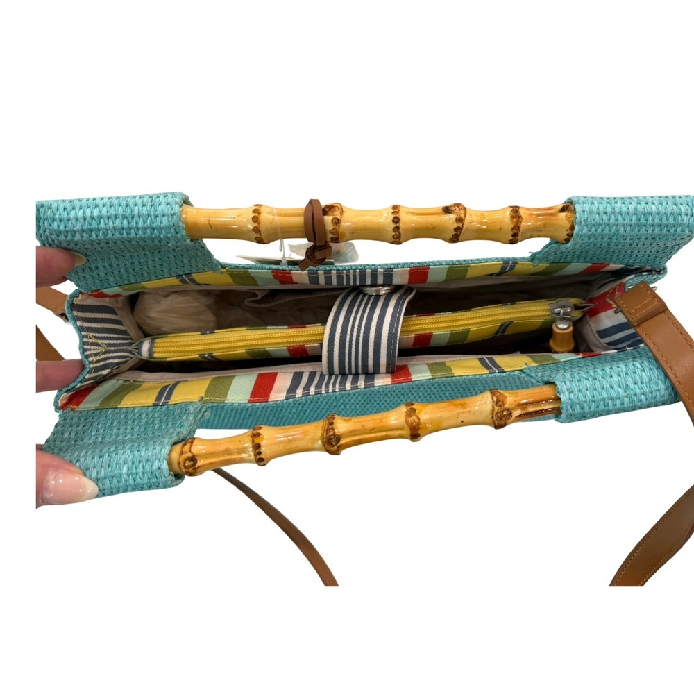 Fossil Straw Bamboo Handle Crossbody Bag Turquoise Blue Woven Summer Handbag NEW - Picture 5 of 12